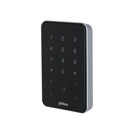 DAHUA-3042 | Dahua ID card reader with waterproof keypad. Contactless reading of ID cards. Supports RS-485 and Wiegand communication. It incorporates buzzer and indicator. Supports tampering alarm. Built-in watchdog for detection and control of operating status. All connection ports have overcurrent and overvoltage protection. Surface installation. PC material, acrylic panel and IP66 degree of protection. Suitable for indoor and outdoor use