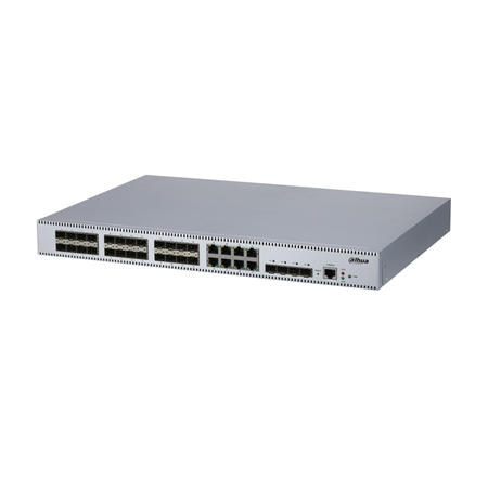 DAHUA-3167 | Switch industrial gestionable L2+ de Dahua. 24 puertos de fibra óptica Gigabit. 8 puertos Ethernet Gigabit. 4 puertos SFP+ de 1/10 Gbps. Puerto consola. Conmutación de221Gbps. 32K direcciones MAC. Admite VLAN y agregación de puertos. Admite STP, RSTP, MSTP y ERPS