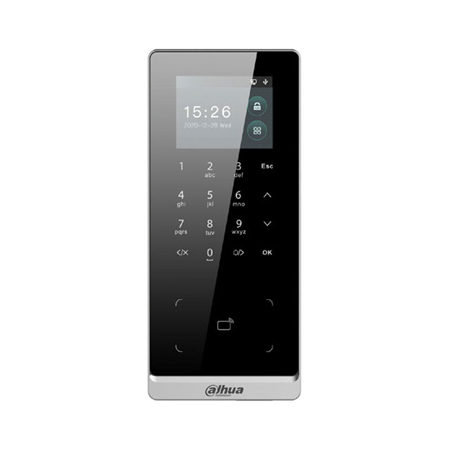 DAHUA-3168 | Standalone Dahua access control terminal. 2.4” LCD screen. ID and NFC card reader. 30,000 users/cards. 150,000 events. WiFi connectivity, RJ45, RS232, RS485, Wiegand, USB. 2 inputs / 1 alarm output. IP65 protection
