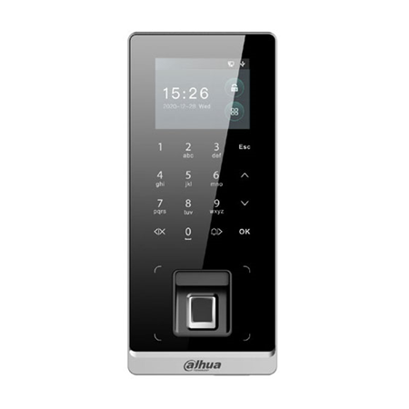 DAHUA-3171 | Standalone biometric terminal for Dahua access control. 2.4” LCD screen. IC and NFC card reader. Fingerprint sensor. Up to 3,000 fingerprints and 30,000 users/cards. 150,000 events. WiFi connectivity, RJ45, RS232, RS485, Wiegand, USB. 2 inputs / 1 alarm output. IP65 protection