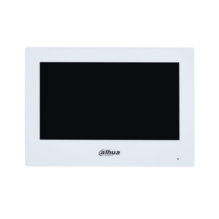 DAHUA-3199 | Dahua SIP monitor. 7” capacitive touch screen. Resolution 1024x600. H.264/H.265 decoding. Audio input and speaker. Doorbell supported. SOS alarm. Up to 9 Villa or 4 Apartment sub-stations. 6 inputs / 1 alarm output. PoE supported.