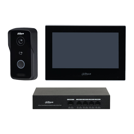 DAHUA-3204 | <strong>Dahua IP video door entry kit consisting of:</strong>. 1x IP video door entry unit <strong>DAHUA-2648</strong> (DHI-VTO2111D-P-S2). 1x IP monitor <strong>DAHUA-3198</strong> (DHI-VTH2621G-P). 1x DH-PFS3005-4ET-36E switch.