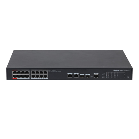 DAHUA-3227 | Switch gestibile Dahua (L2) con 16 porte PoE 100Mbps + 2 porte combinate Gigabit. Modalità CCTV (Cat5 fino a 250 m a 10 Mbps). Le porte PoE 1 e 2 supportano 90 W. Gestione web con un'interfaccia intuitiva e facile da usare. Watchdog PoE. Plug.