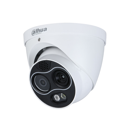 DAHUA-3237 | Dahua WizSense thermal + visible dome. Thermal resolution 256x192. Detect people up to 83m. Detect vehicles up to 222m. Thermal Focal Length: 2mm (87.8°x63.8°). Visible focal length: 2mm (94°x72°). ICR, 0.05/0.005 lux, IR 30m. Digital WDR, 2D/3D-NR, ROI. 1 input / 1 audio output. 1 input / 1 alarm output. Smart connection with strobe light and audio. microSD, IP67, PoE