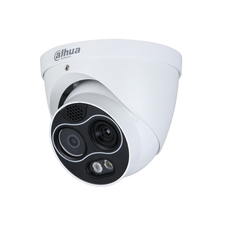 DAHUA-3237 | Domo térmico + visible Dahua WizSense. Resolución térmica 256x192. Detecta personas hasta 83m. Detecta vehículos hasta 222m. Distancia focal térmica: 2mm (87,8°x63,8°). Distancia focal visible: 2mm (94°x72°). ICR, 0,05/0,005 lux, IR 30m. WDR digital, 2D/3D-NR, ROI. 1 entrada / 1 salida de audio. 1 entrada / 1 salida de alarma. Conexión inteligente con luz estroboscópica y audio. MicroSD, IP67, PoE