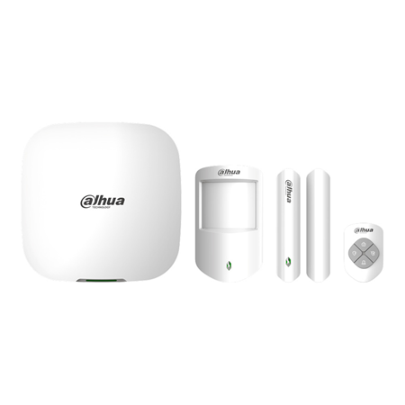 DAHUA-3243 | Kit de alarma Dahua compuesto por:. 1x Panel de control de 150 zonas vía radio. 1x Pulsador vía radio 868MHz. 1x Detector PIR vía radio 868MHz con Alcance de 12 metros y antimascotas hasta 18 kg. 1x Magnético vía radio 868MHz.