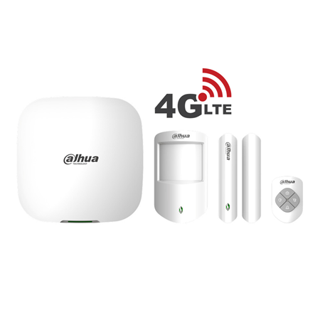 DAHUA-3277 | Kit allarme Dahua 4G LTE composto da:. 1x centrale 4G LTE per 150 dispositivi via radio, certificato Grado 2. 1x radio button 868MHz. 1x Rilevatore PIR tramite radio 868MHz con una portata di 12 metri e anti-animali fino a 18 kg. 1x magnetico via radio 868MHz.