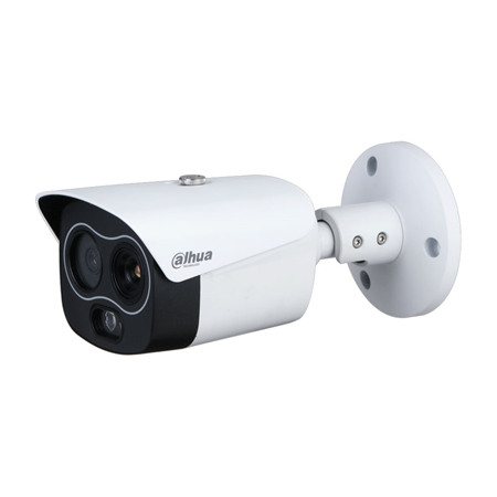 DAHUA-3283 | Dahua WizSense thermal + visible camera. Thermal resolution 256x192. Detect people up to 417m. Detect vehicles up to 1111m. Thermal Focal Length: 3.5mm (17.3°x13.1°). Visible focal length: 4mm (22°x16.6°). ICR, 0.05/0.005 lux, IR 30m. Digital WDR, 2D/3D-NR, ROI. 1 input / 1 audio output. 1 input / 1 alarm output. Smart connection with strobe light and audio. microSD, IP67, PoE