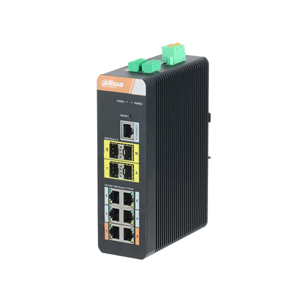 DAHUA-3339 | Switch Industrial gestionable (L2) de 6 puertos Gigabit Ethernet PoE + 4 puertos 1000Base-X SFP. Lightning-proof 6KV. Temperatura de funcionamiento extendida. Admite modo anillo. 48V CC (no incluido)