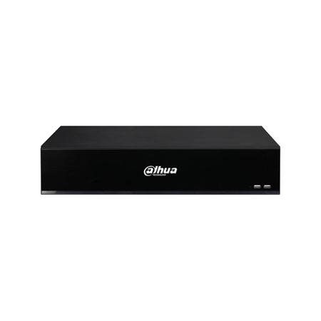 DAHUA-3368-FO | NVR IP Dahua de 32 canales 24MP. Smart H.265+. 320Mbps de entrada (160Mbps con AI activada). 2 HDMI (HDMI2 a 4K) y 1 VGA. SMD Plus, reconocimiento/detección facial, ANPR, conteo de personas y mapa de calor. Audio bidireccional. 16 entradas / 6 salidas de alarma. Capacidad de 8 HDD SATA. 2 RJ45 Gigabit, Onvif. 2 USB 2.0, 2 USB 3.0, 1 RS485, 1 RS232. 220V CA