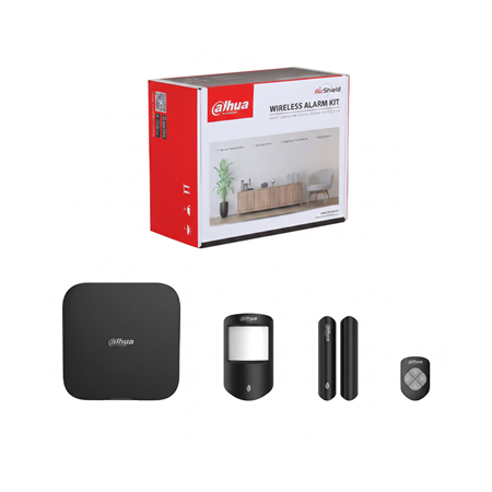 DAHUA-5582|Kit d'alarme radio Dahua 868 MHz Grade 2 en noir avec détecteur PIR, contact magnétique et télécommande