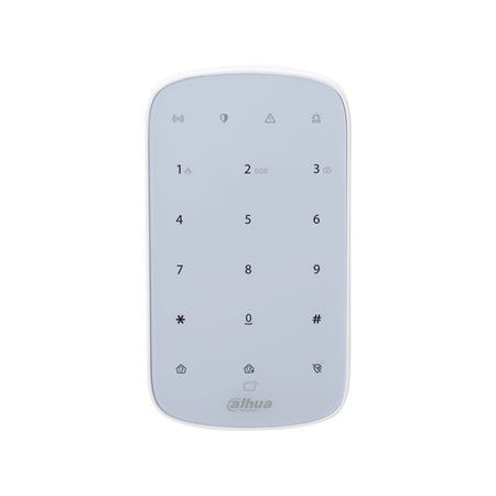 DAHUA-9287 | Dahua wireless keyboard. Allows the connection of up to 32 peripherals. Direct access: Medical Alarm, Fire and Emergency. Arm/disarm with password or IC card. Signal strength detection. Low battery alarm. Temperature measurement. Frequency hopping and two-way communication. Cloud update and automatic recovery in case of update failure