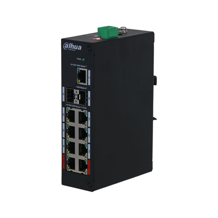 DAHUA-957N | Switch PoE industriale non gestibile Dahua. 8 Gigabit PoE + 2 Gigabit SFP + 1 Gigabit RJ45. Modalità CCTV (Cat5 fino a 250 m a 10 Mbps). Le porte PoE 1 e 2 supportano 90 W. Temperatura di esercizio estesa. Watchdog PoE. 48 V~57 V CC.