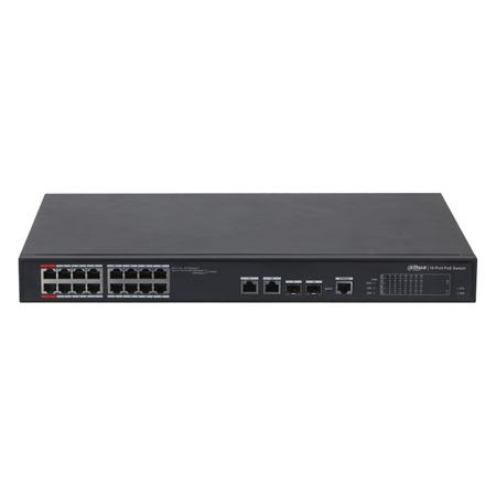 DAHUA-986N | Switch Dahua Gestionable (L2) de 16 puertos PoE 100Mbps + 2 puertos combo Gigabit. Modo CCTV (Cat5 hasta 250m a 10Mbps). Los puertos PoE 1 y 2 admiten 90W. Gestión web con interfaz amigable y de fácil uso. Watchdog PoE. Plug&Play.