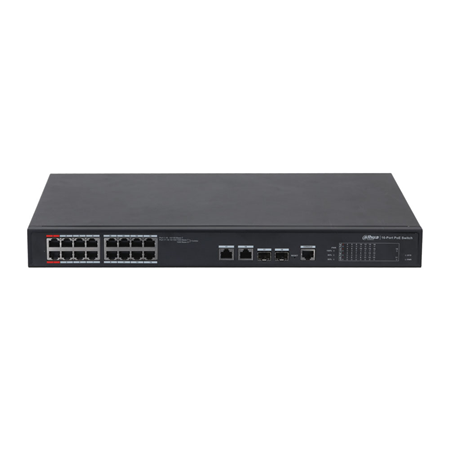 DAHUA-987N | Switch PoE gestibile Dahua (L2) con 16 porte 100Mbps + 2 porte combinate Gigabit. Modalità CCTV (Cat5 fino a 250 m a 10 Mbps). Le porte PoE 1 e 2 supportano 90 W. Gestione web con un'interfaccia intuitiva e facile da usare. Watchdog PoE. Plug.