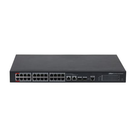 DAHUA-988N | Dahua Manageable Switch (L2) with 24 PoE 100Mbps ports + 2 Gigabit combo ports. CCTV mode (Cat5 up to 250m at 10Mbps). PoE ports 1 and 2 support 90W. Web management with a friendly and easy-to-use interface. Watchdog PoE. Plug&Play.