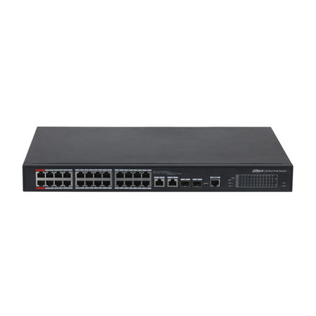 DAHUA-988N | Switch gestibile Dahua (L2) con 24 porte PoE 100Mbps + 2 porte combinate Gigabit. Modalità CCTV (Cat5 fino a 250 m a 10 Mbps). Le porte PoE 1 e 2 supportano 90 W. Gestione web con un'interfaccia intuitiva e facile da usare. Watchdog PoE. Plug.