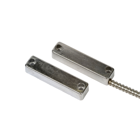 DEM-1281 | Contatto magnetico di media potenza. Corpo di alluminio. Distanza operativa in apertura di 30 mm. Distanza operativa in chiusura di 20 mm. Magnete Alnico. Anti-sabotaggio. Palo metallico di 30 cm. Contatto Form A. UNE.108-210.