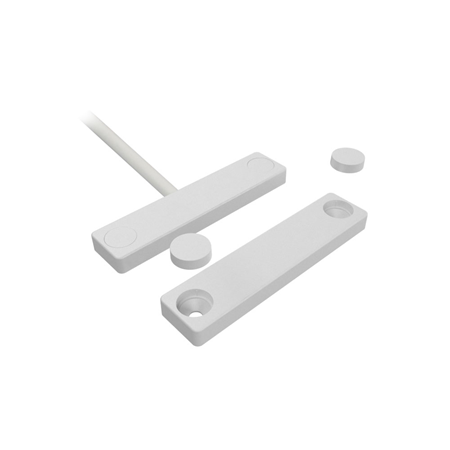 DEM-2192 | Contacto magnético de superficie. Diseño fino. GAP de 37 mm. No se recomienda su uso con materiales magnéticos. NC. 2 metros de cable. Blanco. EN50131-2-6 de Grado 2.