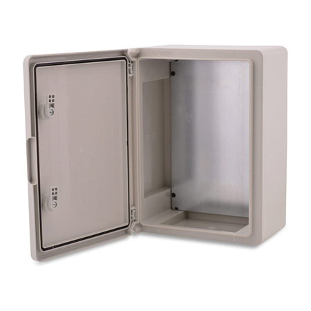 DEM-334 | Plastic box with two-point locking door. Halogen-free, UV-resistant ABS plastic housing. Degree of protection IP65. Vandal resistant IK08. Flammability UL 94 HB.