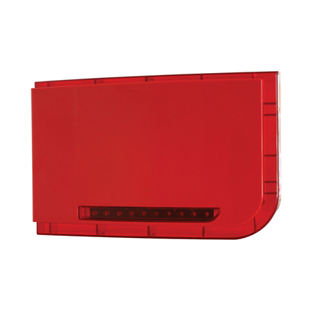 DEM-826 | Red fire siren with red flash for outdoors. Versatile solution. High quality and reliability siren. It incorporates two 115dB piezos and powerful LEDs. 2 tones of sound. Configurable LEDs. Cover and wall tamper. Polycarbonate shell with UV protection. Battery are included. 24V DC. Certification EN 54-3: 2001 / A1: 2002 and EN 54-3: 2001 / A2: 2006