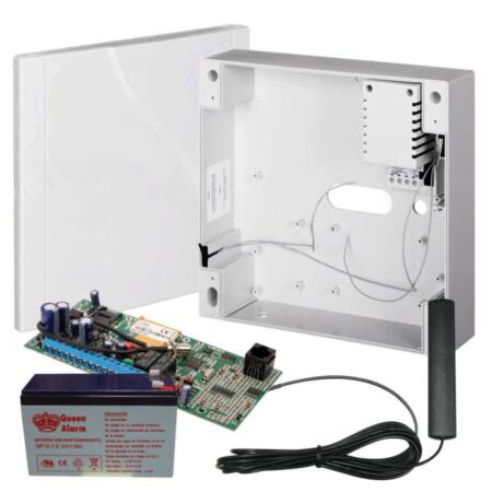 EBS-1 | Kit composé d'un émetteur GPRS avec boîtier, comprenant un transformateur, une batterie et une antenne.