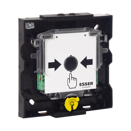 ESSER-66 | Módulo electrónico ESSER de pulsador de bloqueo y espera de extinción modular. Incorpora botón de accionamiento no enclavado y LED rojo de indicación de alarma. Impreso según EN54-11. Aprobado como pulsador de paro de sistemas de extinción (EN 12094-3) en combinación con la carcasa azul opcional ESSER-27 (704901)