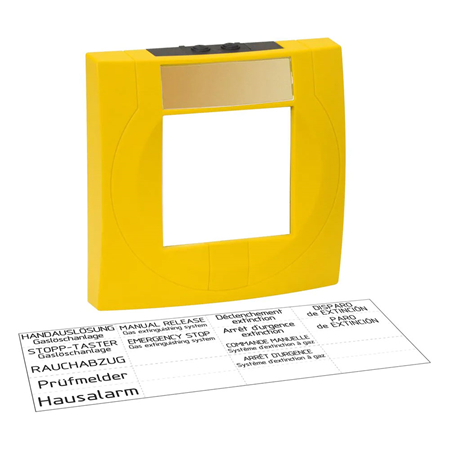 ESSER-67 | Carcasa para pulsador modular de disparo de extinción. Según EN 12094 parte 3. Color amarillo similar RAL 1021. Incluye un kit de etiquetas multilingüe y para diferentes aplicaciones
