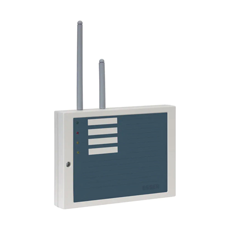 ESSER-69 | Transponder vía radio ESSER. Se conecta directamente al lazo de las centrales IQ8Control C/M y FlexES. También permite funcionamiento autónomo con salida de relés. Permite hasta 32 dispositivos vía radio y hasta 10 transponders por lazo. Requiere alimentación de 24V CC o 12V CC. Cumple norma EN54 parte 25