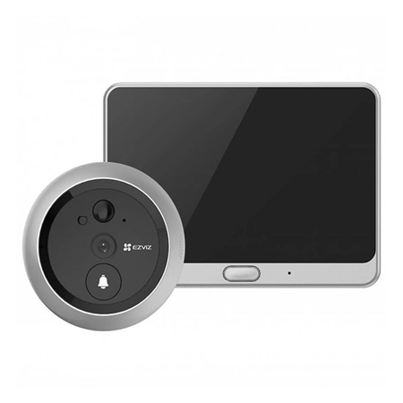 EZVIZ-18 | HIKVISION Ezviz Wireless Smart Peephole. Passive infrared (PIR) motion detection. Video at 720P. Night vision up to 3 meters. View from anywhere. Two-way communication. 4.3 "color display. Built-in chime. 2.4 GHz Wi-Fi. 4600 mAh rechargeable battery. Heavy-duty zinc alloy housing