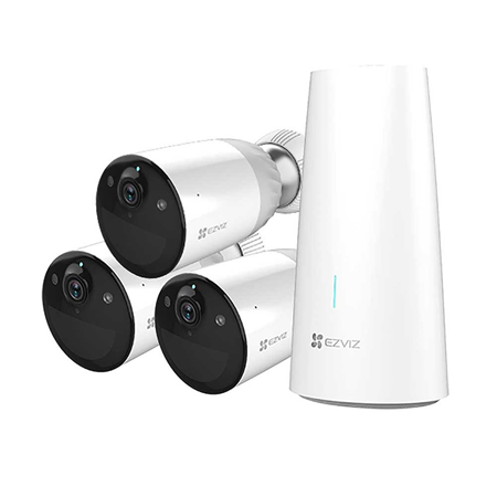EZVIZ-28 | Kit of three EZVIZ 2MP outdoor WiFi IP cameras + base station. Color night vision. H.265 format. 2MP 1 / 2.8 "CMOS. 1080P @ 25 / 30IPS digital resolution. 2.8mm (108 °) optical. Digital WDR, 3D-DNR. PIR motion detection. Active defense. Customizable voice alerts. Two-way audio. Includes base station compatible with MicroSD cards up to 256GB. IP66 protection. 12900 mAh rechargeable lithium battery