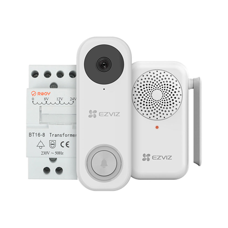 EZVIZ-30 | Kit de videoportero inteligente Ezviz + timbre + transformador. Detección de movimiento PIR. Resolución de vídeo de 2MP (1535x1536). Visión nocturna hasta 5 metros. Observe desde cualquier lugar. Conversación bidireccional. Campo de visión horizontal de 170°. Protección contra el agua y el polvo con grado de protección IP65. Wifi de 2,4/5 GHz
