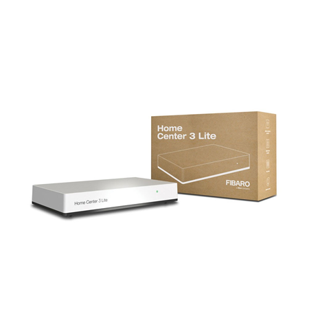 FIBARO-011 | Controlador Z-Wave HOME CENTER 3 LITE FIBARO. Puede conectarse a otros dispositivos Z-Wave. El sistema FIBARO garantizará su seguridad y la de sus seres queridos: Detección de humo, detección de monóxido de carbono, detección de inundaciones, funcionamiento como sistema de alarma vía radio, cooperación con el sistema de alarma por cable existente y empresas de seguridad, apertura de puerta de emergencia, cierre de persianas. El sistema FIBARO le ayudará a garantizar las condiciones adecuadas para su salud: Control de humedad, calefacción inteligente, medición de la calidad del aire y de la cantidad de polvo, detección de gases peligrosos, control de la ventilación, notificaciones en caso de situaciones de peligro. Control remoto del hogar desde aplicaciones para teléfonos, tabletas y relojes inteligentes. Escenarios automáticos: agrupación de dispositivos, horarios y escenas. Control de dispositivos con un botón o mando a distancia. Combina todos los elementos de la casa en un solo ecosistema.
Se recomienda para apartamentos y pequeñas instalaciones domóticas. El sistema FIBARO sólo puede controlarse mediante comandos de voz. FIBARO se integra con Google Assistant y Amazon Alexa.