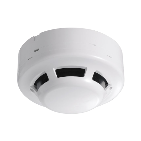 FOC-215 | Conventional 2 wire photoelectric smoke detector with included base. Coverage 75 m² ~ 150 m². Fire proof plastic. EN-54 certified. 
