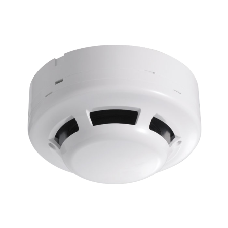 FOC-215 | Rilevatore fotoelettrico di fumi convenzionale a due fili con base inclusa. Copertura di 75 m² ~ 150 m². Materiale plastico resistente al fuoco. Certificato EN-54.