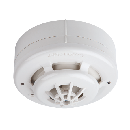FOC-717 | Rilevatore termico combinato multiproposito convenzionale a quattro fili con uscita di relé e base inclusa. Attivazione termica a 58°C. Copertura di 30 m² ~ 90 m². Materiale plastico resistente al fuoco. Certificato EN-54.