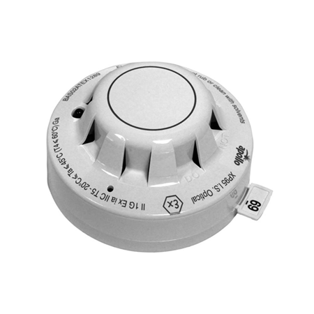 FOC-860 | Detector óptico analógico de humos Apollo XP95 IS Atex. Intrínsecamente seguro. No incluye base. Dotado de mecanismo antirrobo. Led indicador de alarma y salida para indicador de acción remoto. Carcasa de policarbonato blanco autoextinguible VO según UL94. Certificado según EN54/7