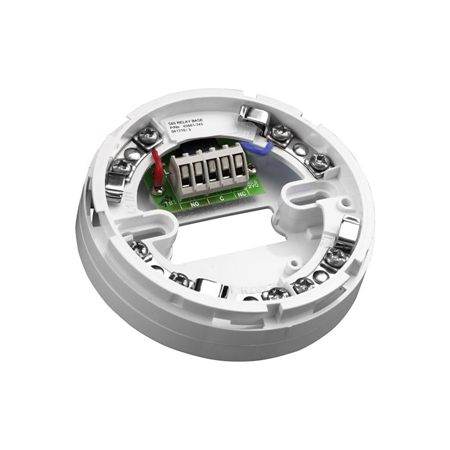 FOC-898 | Base para detector Serie 65 de Apollo con salida de relé. Para contactos NA o NC de hasta 30V y 1A. Fabricado en policarbonato blanco. Tornillos y conexiones de acero inoxidable. Conexión para indicador remoto