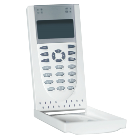 GE-23 | Teclado con pantalla LCD de 2 x 16 caracteres. Zumbador ajustable por el usuario. Contraste del LCD ajustable por el usuario. Indicación del estado de 16 Áreas. Indicación de apertura de puerta. Certificado EN50131 de Grado 2