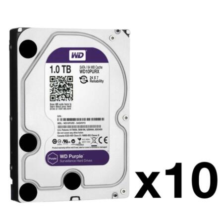 HDD-1-PACK10N | Pack de 10 discos duros con capacidad de 1 TB (modelo WD10PURX), especial para videograbadores. Interfaz SATA 6 Gb/s.