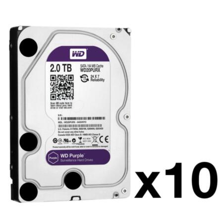 HDD-2-PACK10 | Pack de 10 discos duros con capacidad de 2 TB (modelo WD20PURX), especial para videograbadores. Interfaz SATA 6 Gb/s.