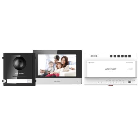HIK-156 | Kit de intercomunicador de vídeo a dos hilos Plug&Play. Monitor de interior con pantalla táctil de 7". Panel exterior de metal, resistente al agua, IP65. Cámara fisheye HD de 2 megapíxeles con visión nocturna y ángulo de visión 180°. Alimentador a dos hilos con interfaz de 4 canales.