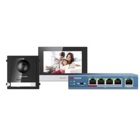 HIK-157 | Kit de intercomunicador de vídeo IP Plug&Play. Monitor de interior con pantalla táctil de 7". Panel exterior de metal, resistente al agua, IP65. Cámara fisheye HD de 2 megapíxeles con visión nocturna y ángulo de visión 180°. Switch PoE de 4 canales.