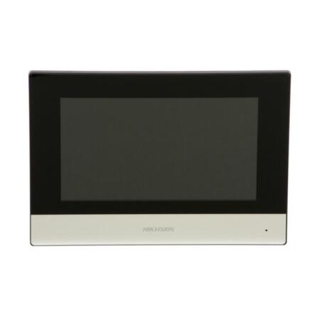 HIK-174 | Monitor IP HIKVISION de interior. Admite WiFi. Pantalla táctil capacitiva a color de 7" (1024x600). Botones táctiles. Incorpora micrófono y altavoz. Fast Ethernet. 8 entradas / 2 salidas de alarma. RS485. 12V CC. PoE.