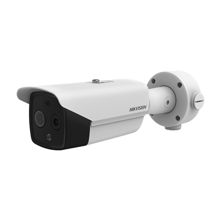 HIK-249 | Cámara bullet térmica + visible HIKVISION con iluminación IR de 40 m para exterior. Cámara visible con CMOS 1/2,7 de 4 megapíxeles. Óptica visible de 8 mm. WDR 120dB. Cámara térmica con resolucion 160 x 120. Lente térmica de 9,7 mm. Deteccion de personas hasta 285 metros y de vehículos hasta 875 metros. 15 paletas de color. Detección inteligente (4 reglas VCA). Rango de medición de temperatura de -20°C ~ +150°C (±8°C). Detección de hasta 10 puntos de incendio. Salida de video BNC. 1 entrada / 1 salida de audio. 2 entradas / 2 salidas de alarma. Botón de reset. Puerto RS485. Ranura MicroSD. Puerto de red RJ45. API, ISAPI. Grado de protección IP66. Lightning-proof 6KV. Alimentación 12V CC. Admite PoE.