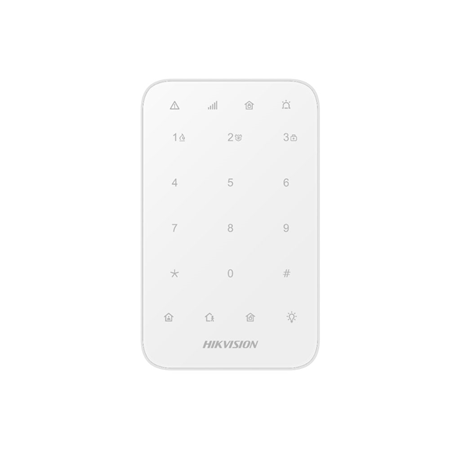 HIK-271 | Clavier LED par radio de la série AX PRO. Permet d'activer ou de désactiver le système d'alarme par code. Touches tactiles rétroéclairées. Indicateur LED de la zone programmée. Contrôle de la sortie. Armement, désarmement, effacement de l'alarme pour une zone spécifique ou toutes les zones. Une seule touche pour l'alarme incendie, l'alarme panique et l'alarme médicale. Alarme silencieuse/audible sélectionnable. Alimenté par 4 piles AA. Durée de vie de la batterie jusqu'à 2 ans. Entièrement configurable à distance via l'application. Méthodes d'inscription multiples et conception d'installation facile. Sauts de fréquence contre les interférences pour une transmission fiable. Portée radio de 1200 mètres depuis le HUB de contrôle.