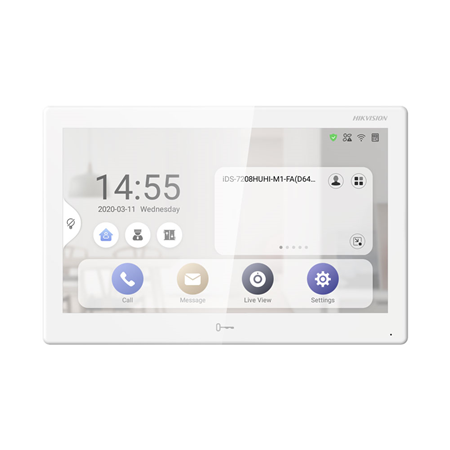 HIK-310 | Monitor IP HIKVISION de interior. Admite WiFi. Pantalla táctil capacitiva a color de 10,1" (1024x600). Incorpora micrófono y altavoz. Fast Ethernet. 8 entradas / 2 salidas de alarma. RS485. 12V CC. PoE.
