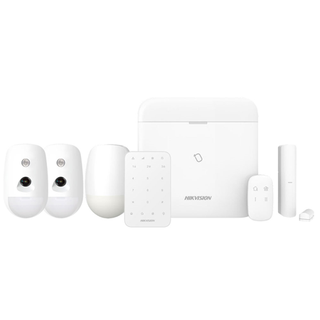 HIK-318 | Kit AX PRO de HIKVISION compuesto por:. 1x Panel de control de 64 zonas vía radio HIK-267 (DS-PWA64-L-WE) de la serie AXHub PRO (incorpora modulo comunicación GPRS 2G). 1x Teclado LED vía radio 868MHz HIK-271 (DS-PK1-E-WE). 1x Pulsador vía radio 868MHz HIK-274 (DS-PKF1-WE). 1x Detector PIR vía radio 868MHz HIK-280 (DS-PDP15P-EG2-WE) con Alcance de 15 metros y antimascotas hasta 30 kg. 2x Detectores PIRCAM vía radio 868MHz HIK-283 (DS-PDPC12P-EG2-WE) con Alcance de 12 metros y antimascotas hasta 30 kg. 1x Magnético vía radio 868MHz HIK-286 (DS-PDMC-EG2-WE).