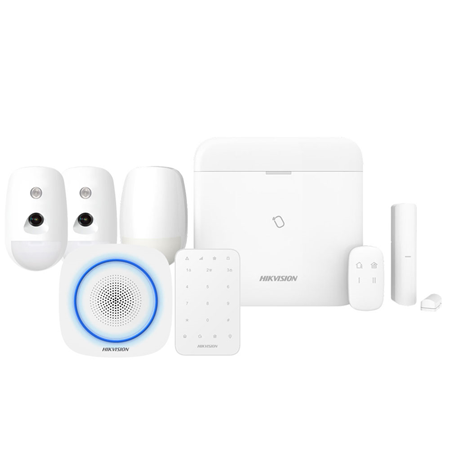 HIK-319 | Kit AX PRO de HIKVISION compuesto por:. 1x Panel de control de 64 zonas vía radio HIK-267 (DS-PWA64-L-WE) de la serie AXHub PRO (incorpora modulo comunicación GPRS 2G). 1x Teclado LED vía radio 868MHz HIK-271 (DS-PK1-E-WE). 1x Pulsador vía radio 868MHz HIK-274 (DS-PKF1-WE). 1x Detector PIR vía radio 868MHz HIK-280 (DS-PDP15P-EG2-WE) con Alcance de 15 metros y antimascotas hasta 30 kg. 2x Detectores PIRCAM vía radio 868MHz HIK-283 (DS-PDPC12P-EG2-WE) con Alcance de 12 metros y antimascotas hasta 30 kg. 1x Magnético vía radio 868MHz HIK-286 (DS-PDMC-EG2-WE). 1x Sirena vía radio 868MHz HIK-275 (DS-PS1-I-WE).