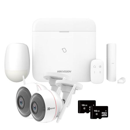 HIK-324 | Kit HIKVISION AX PRO composé de :. 1x HIK-267 (DS-PWA64-L-WE) Panneau de contrôle 64 zones par radio de la série AXHub PRO (intègre un module de communication GPRS 2G). 1x Bouton poussoir via radio 868MHz HIK-274 (DS-PKF1-WE). 1x Détecteur PIR par radio 868MHz HIK-280 (DS-PDP15P-EG2-WE) avec une portée de 15 mètres et anti animaux jusqu'à 30 kg. 1x Magnétique par radio 868MHz HIK-286 (DS-PDMC-EG2-WE). 2x HIKVISION EZVIZ-5 (C3WN) caméras compactes IP WiFi avec éclairage IR 30m pour utilisation en extérieur. 2 cartes mémoire Micro SDHC™ de 16 Go HYU-433, Classe 10 TLC.